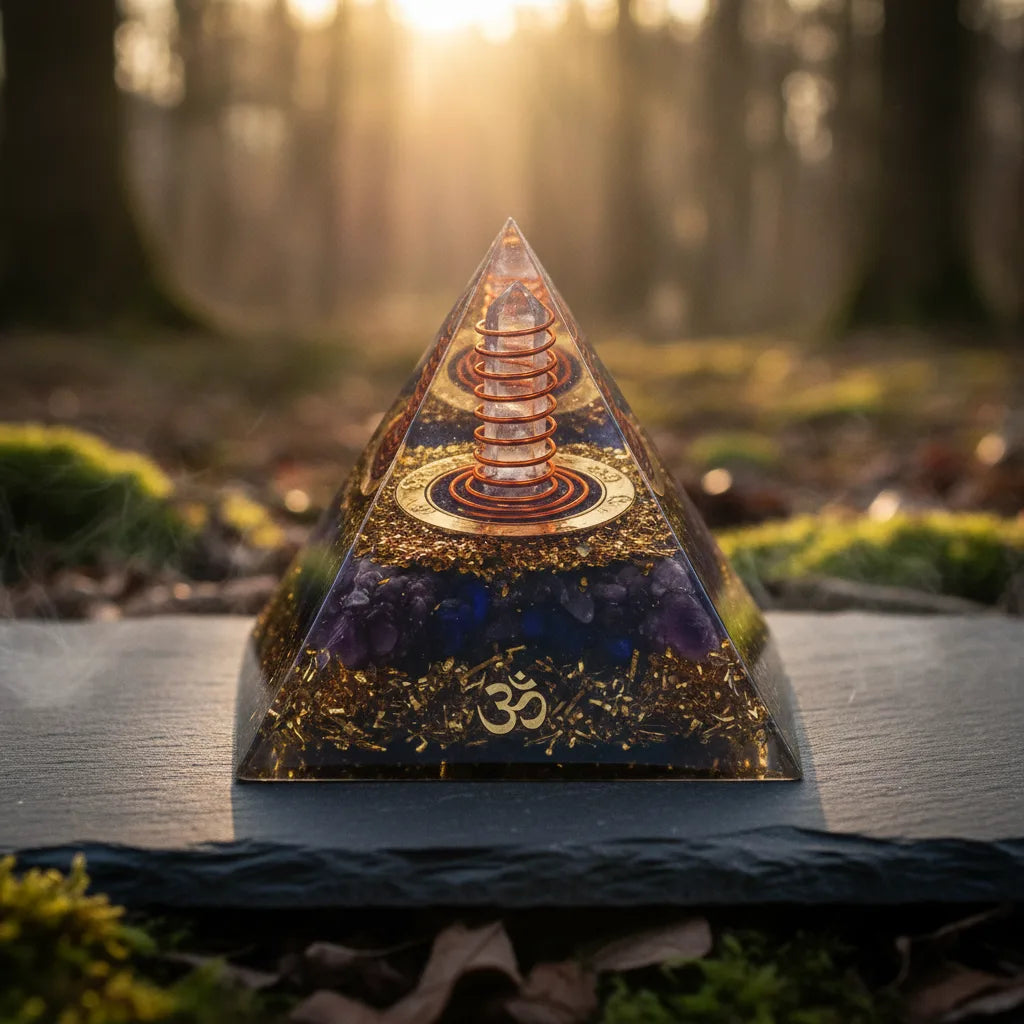 Pyramide Orgonite Améthyste & Or - Purification & Bien-être