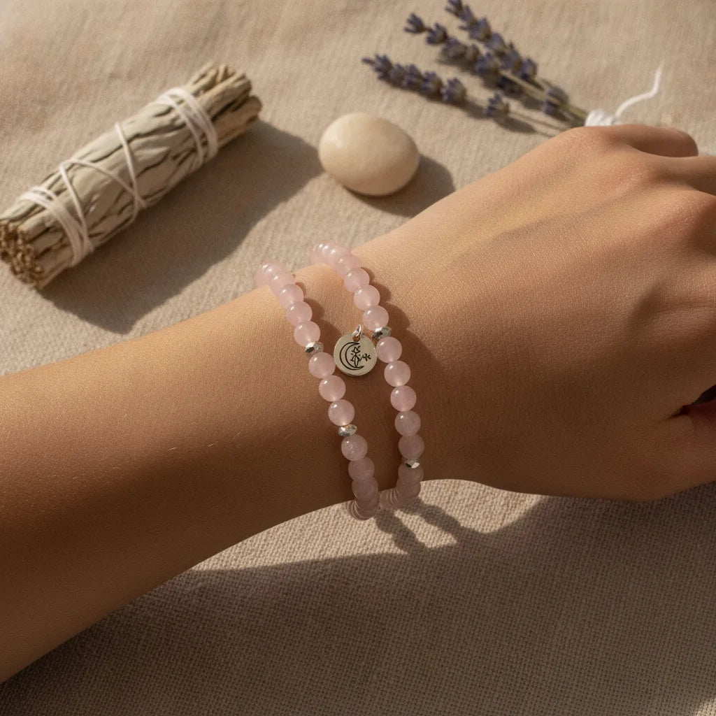 Bracelet Féminin Sacré Pierre de Lune, Quartz Rose, Labradorite