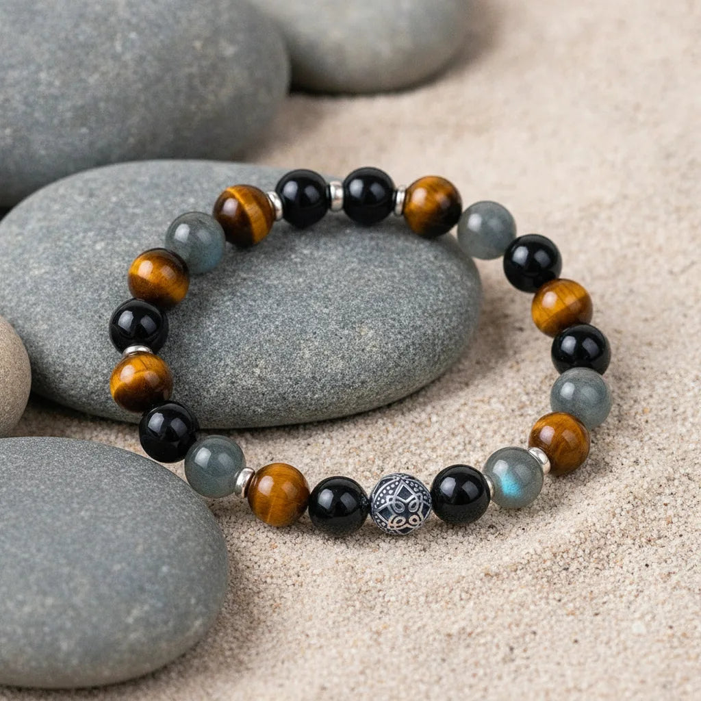 Bracelet Protection Sacrée : Oeil de Tigre, Labradorite, Obsidienne