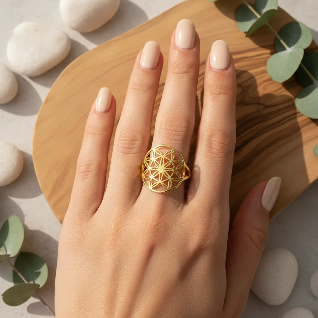 Bague Fleur de Vie Ajustable Dorée ou Argentée