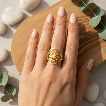 Bague Fleur de Vie Ajustable Dorée ou Argentée