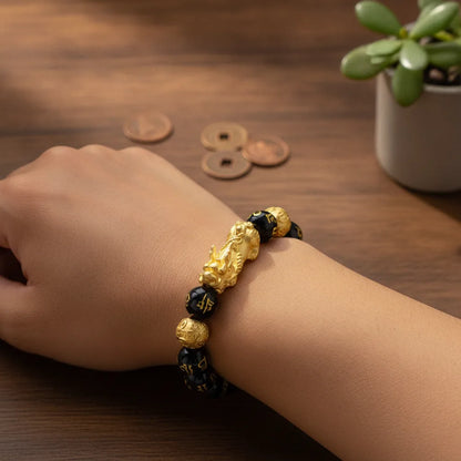 Bracelet Feng Shui Obsidienne & Pixiu Doré