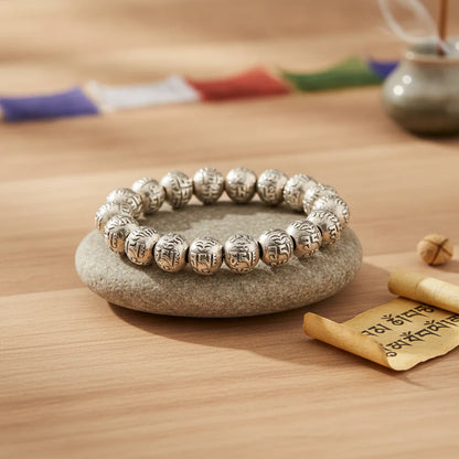 Bracelet Tibétain Argent : Prière Bouddhiste Gravée
