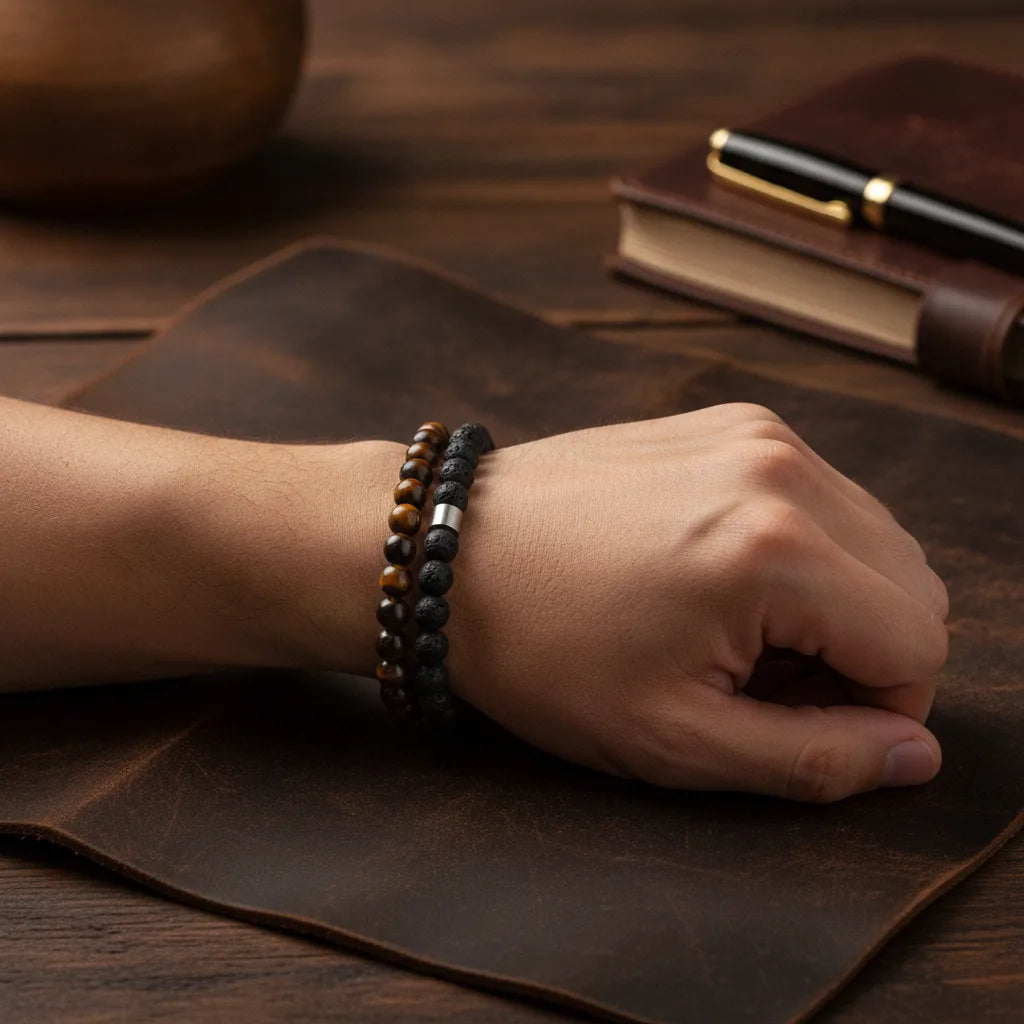 Bracelet Homme "Alpha" Oeil de Tigre & Lave