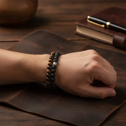 Bracelet Homme "Alpha" Oeil de Tigre & Lave