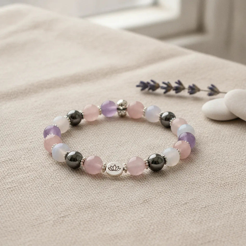 Bracelet Ménopause Sereine : Calcédoine, Améthyste, Pierre de Lune