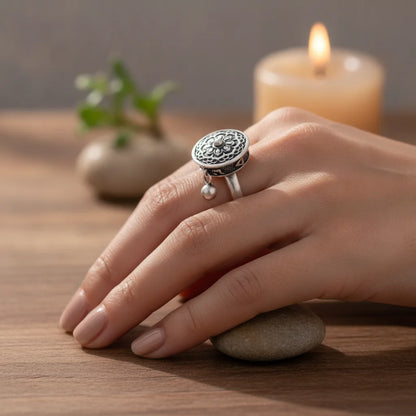 Bague Fleur de Lotus & Roue à Prières Tibétaine Argent 925