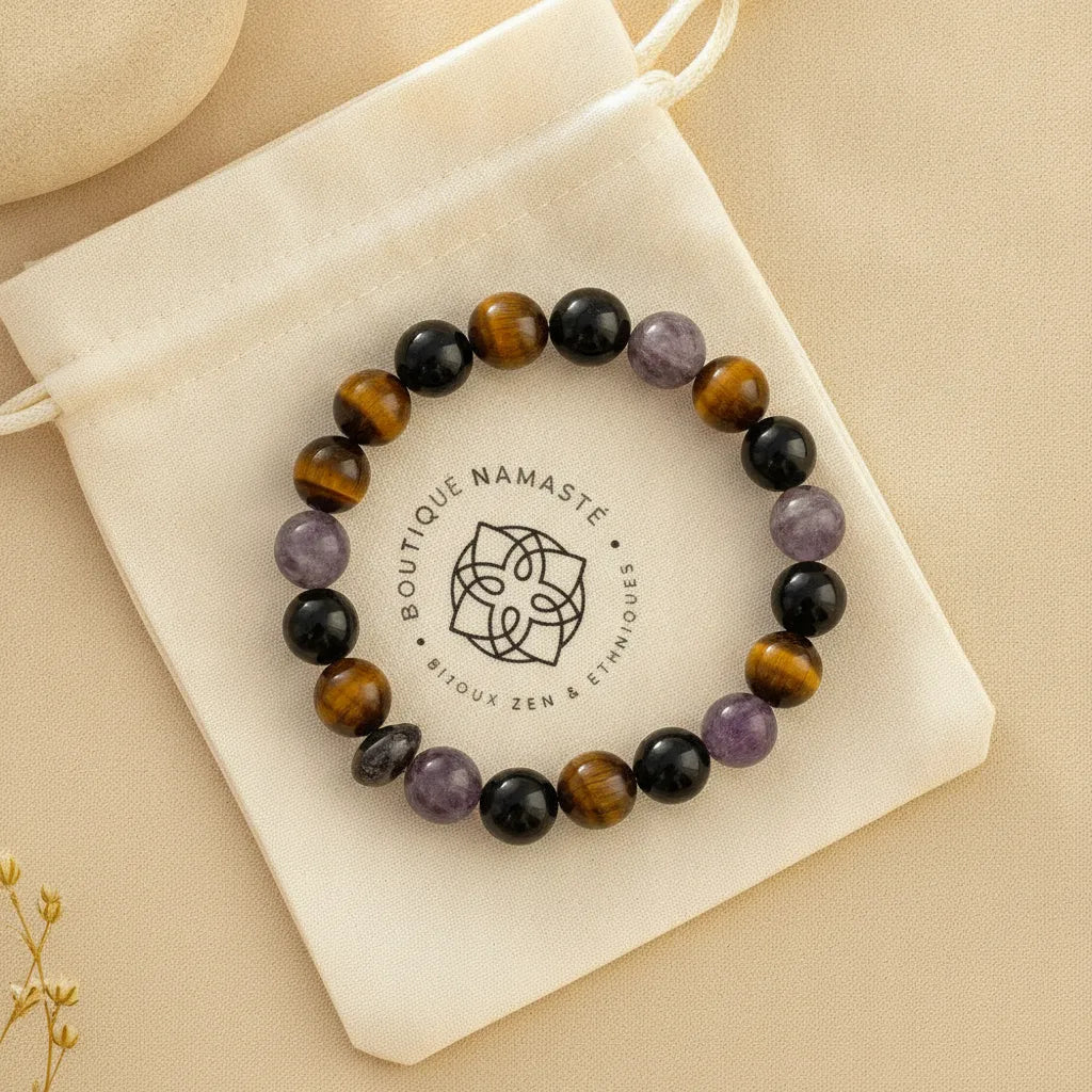 Bracelet Triple Protection : Oeil de Tigre, Hématite, Obsidienne