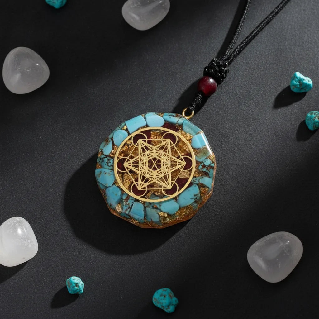 Pendentif Orgonite Cube de Métatron Turquoise