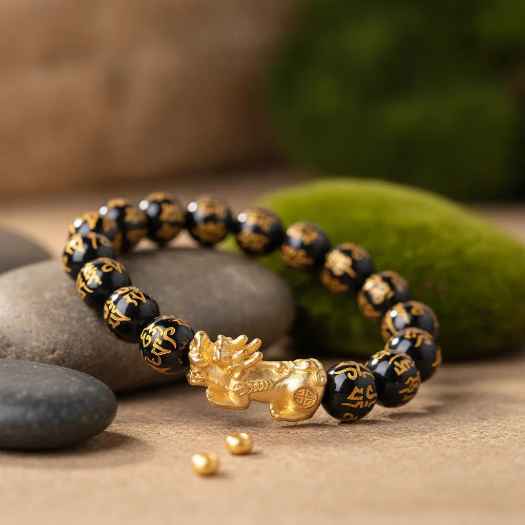 Bracelet Feng Shui Obsidienne & Pixiu Doré