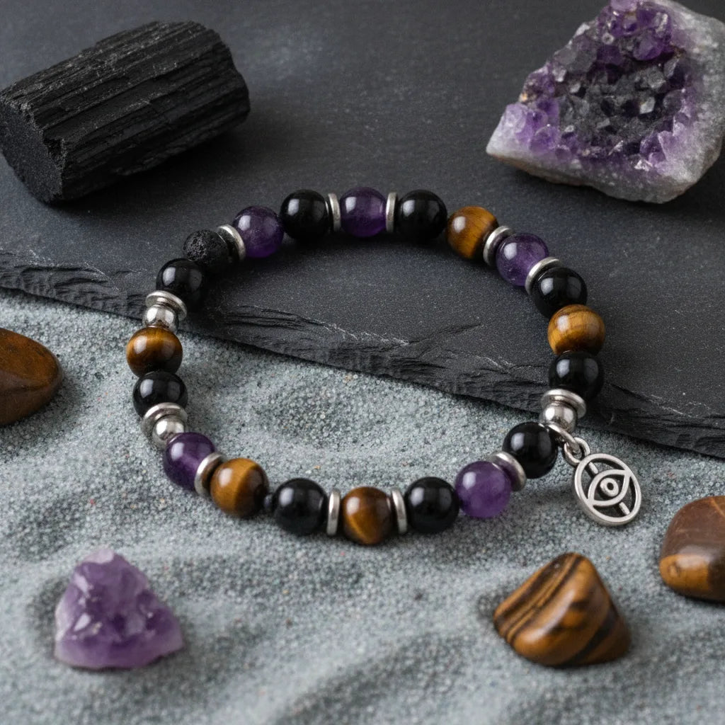 Bracelet Protection Sacrée : Oeil de Tigre, Labradorite, Obsidienne