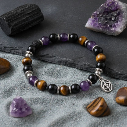 Bracelet Protection Sacrée : Oeil de Tigre, Labradorite, Obsidienne