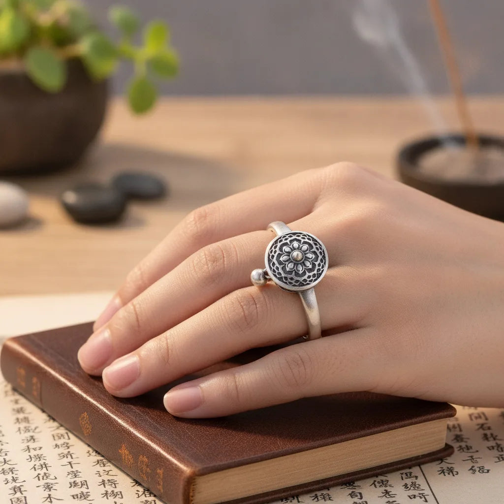 Bague Fleur de Lotus & Roue à Prières Tibétaine Argent 925