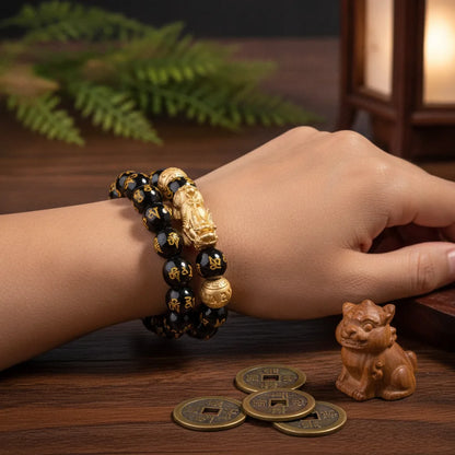 Bracelet Feng Shui Obsidienne & Pixiu Doré