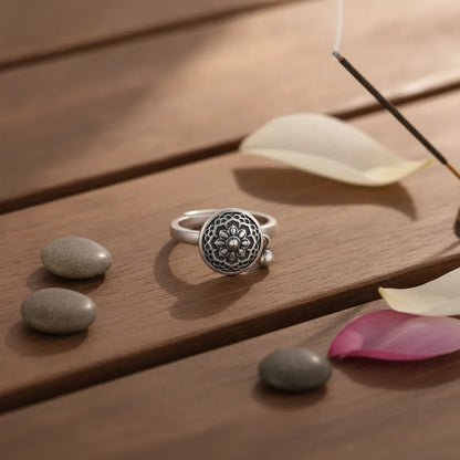 Bague Fleur de Lotus & Roue à Prières Tibétaine Argent 925