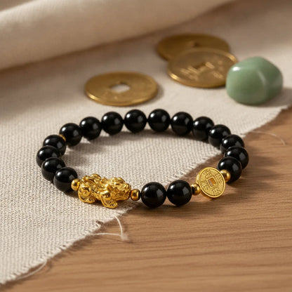 Bracelet Feng Shui Obsidienne & Pixiu Doré