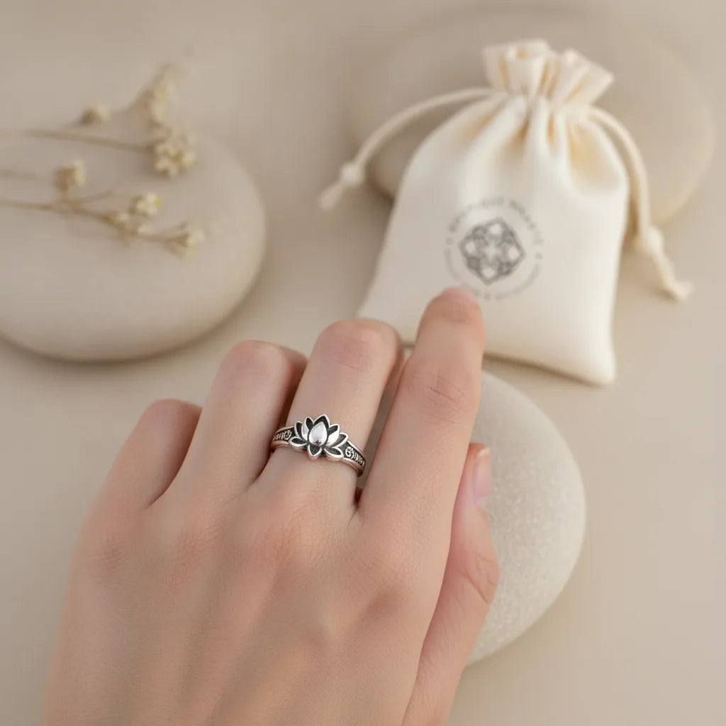 Bague Fleur de Lotus & Roue à Prières Tibétaine Argent 925
