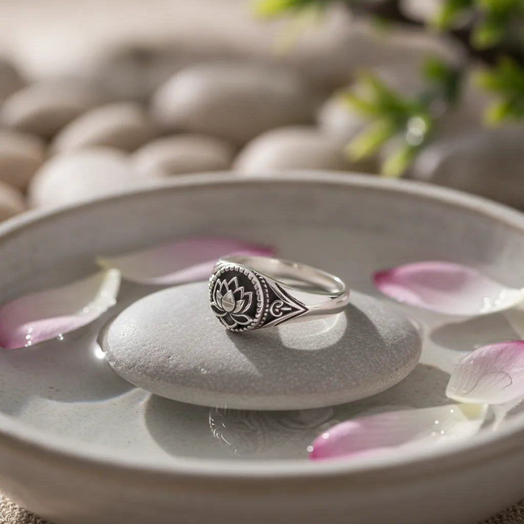 Bague Fleur de Lotus & Roue à Prières Tibétaine Argent 925