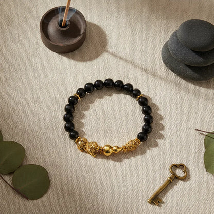 Bracelet Feng Shui Obsidienne & Pixiu Doré