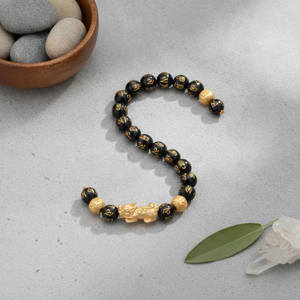 Bracelet Feng Shui Obsidienne & Pixiu Doré