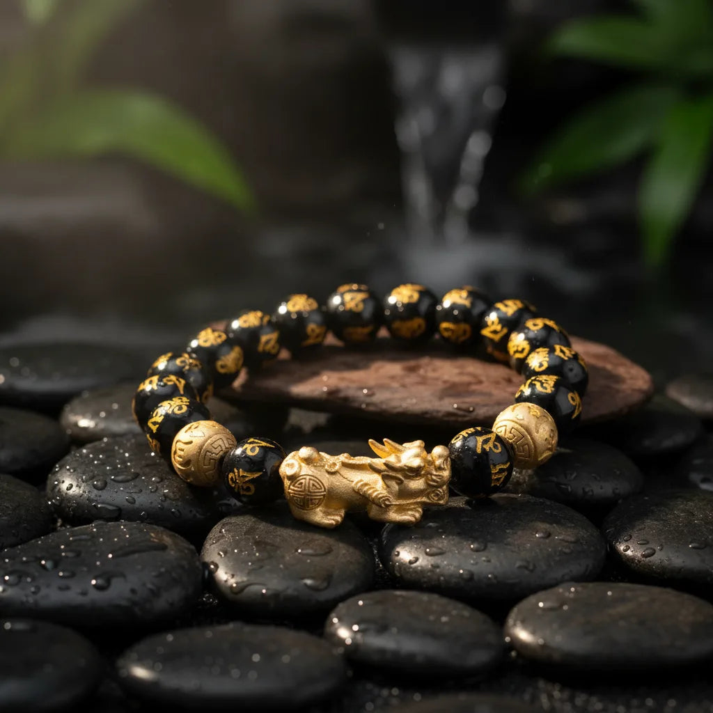 Bracelet Feng Shui Obsidienne & Pixiu Doré