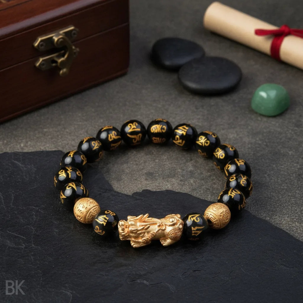 Bracelet Feng Shui Obsidienne & Pixiu Doré