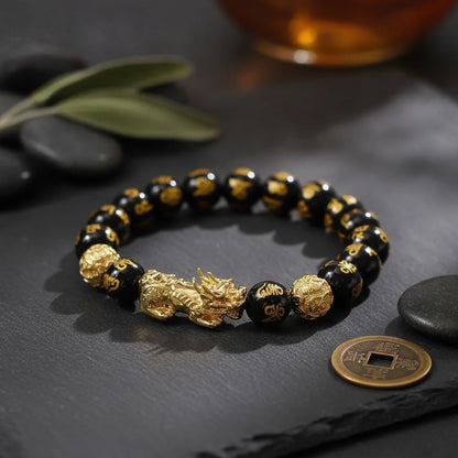 Bracelet Feng Shui Obsidienne & Pixiu Doré