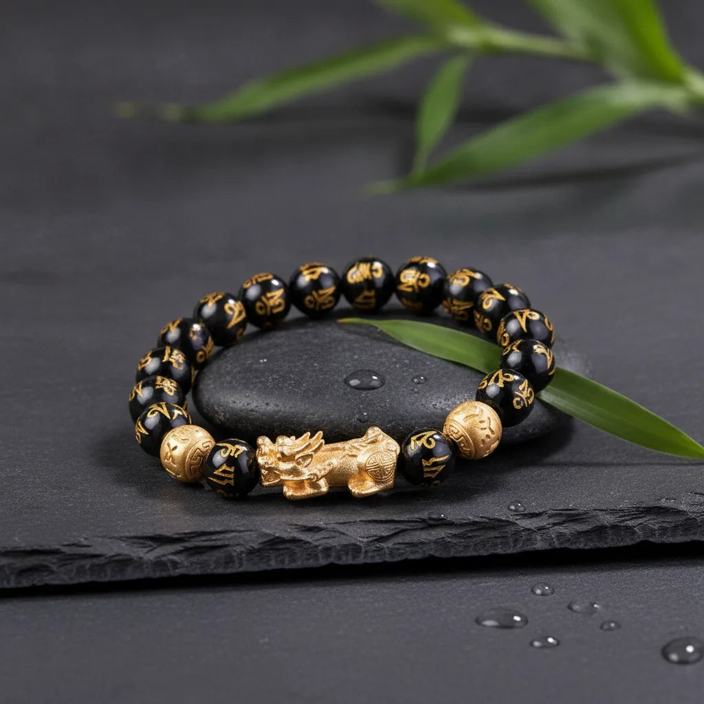 Bracelet Feng Shui Obsidienne & Pixiu Doré