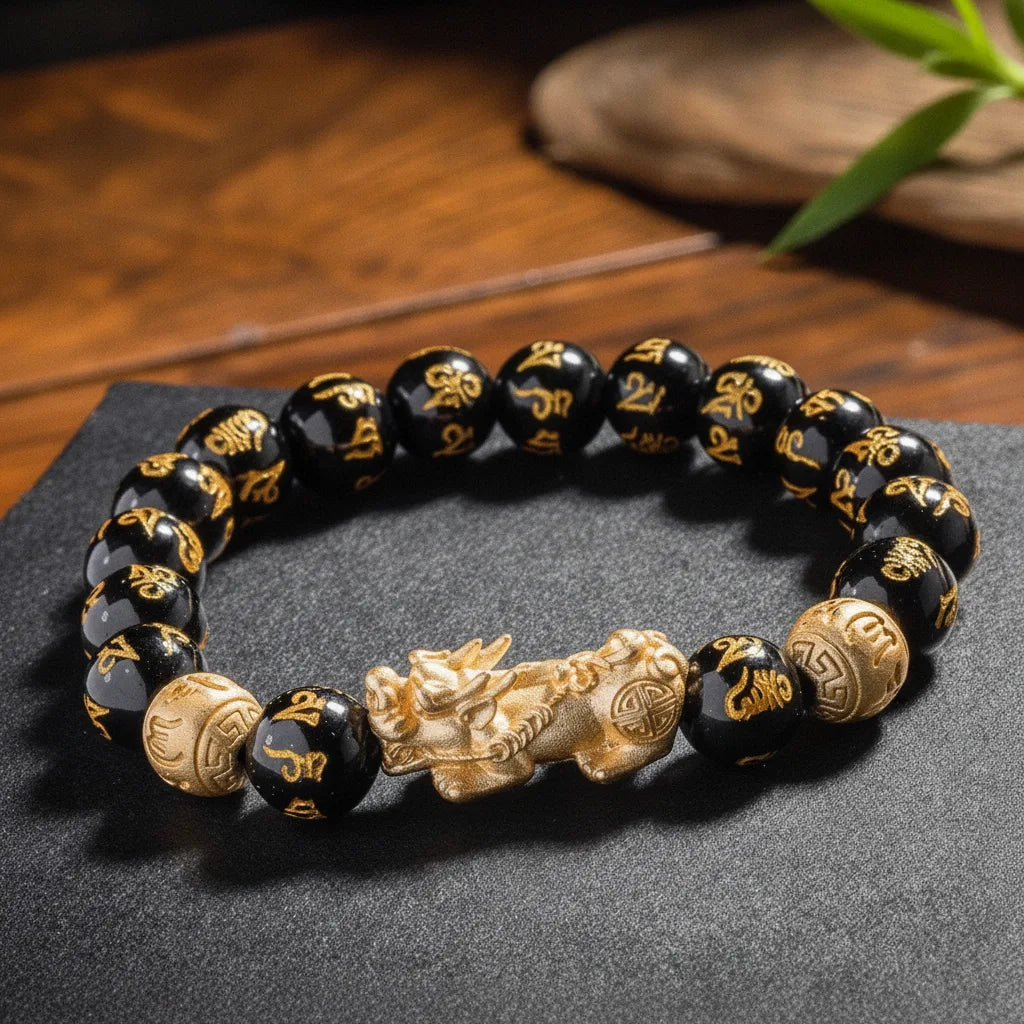 Bracelet Feng Shui Obsidienne & Pixiu Doré